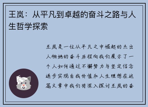 王岚：从平凡到卓越的奋斗之路与人生哲学探索
